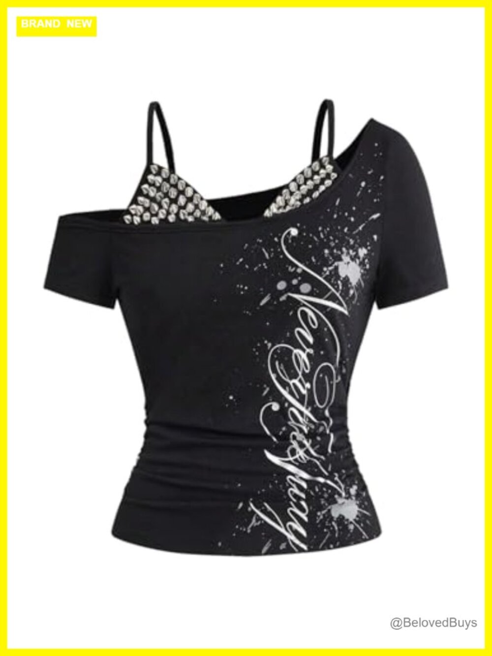 Y2K Studded Off Shoulder Grunge Top Asymmetric Neck Ruched